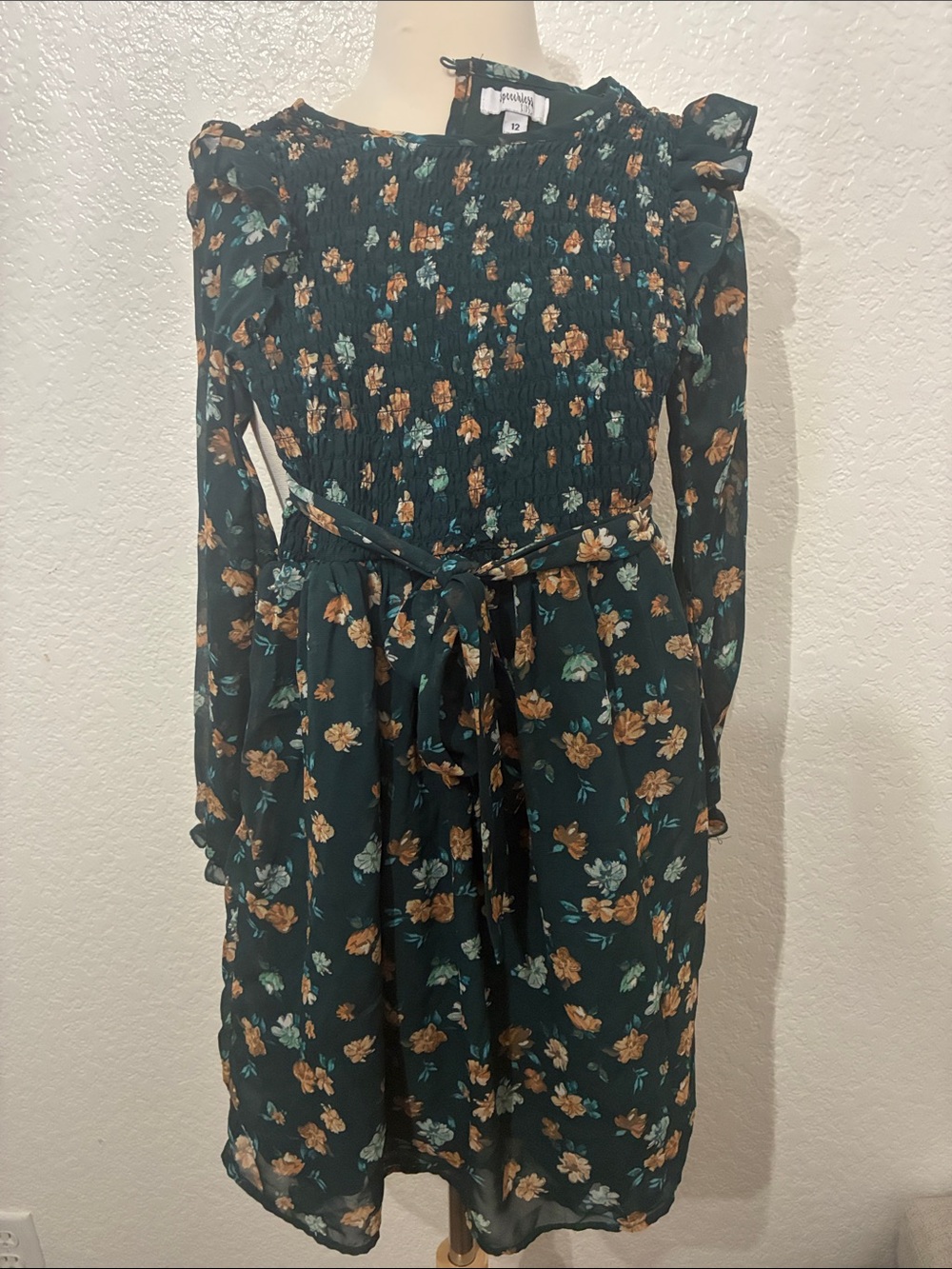 Speechless Dark Green Floral Smocked Waist Tie Dress